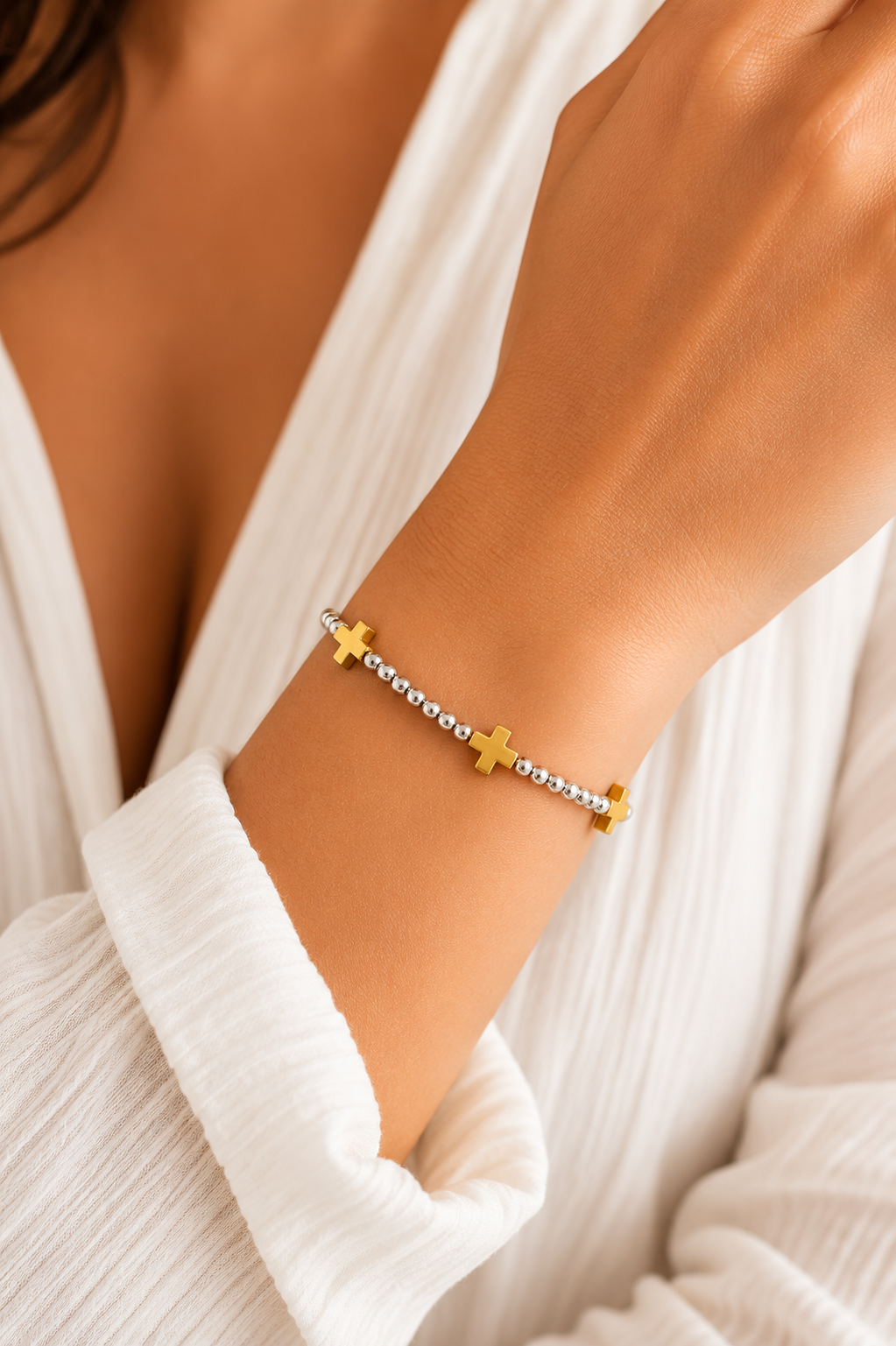 Gold Cross Silver Beaded Bracelet