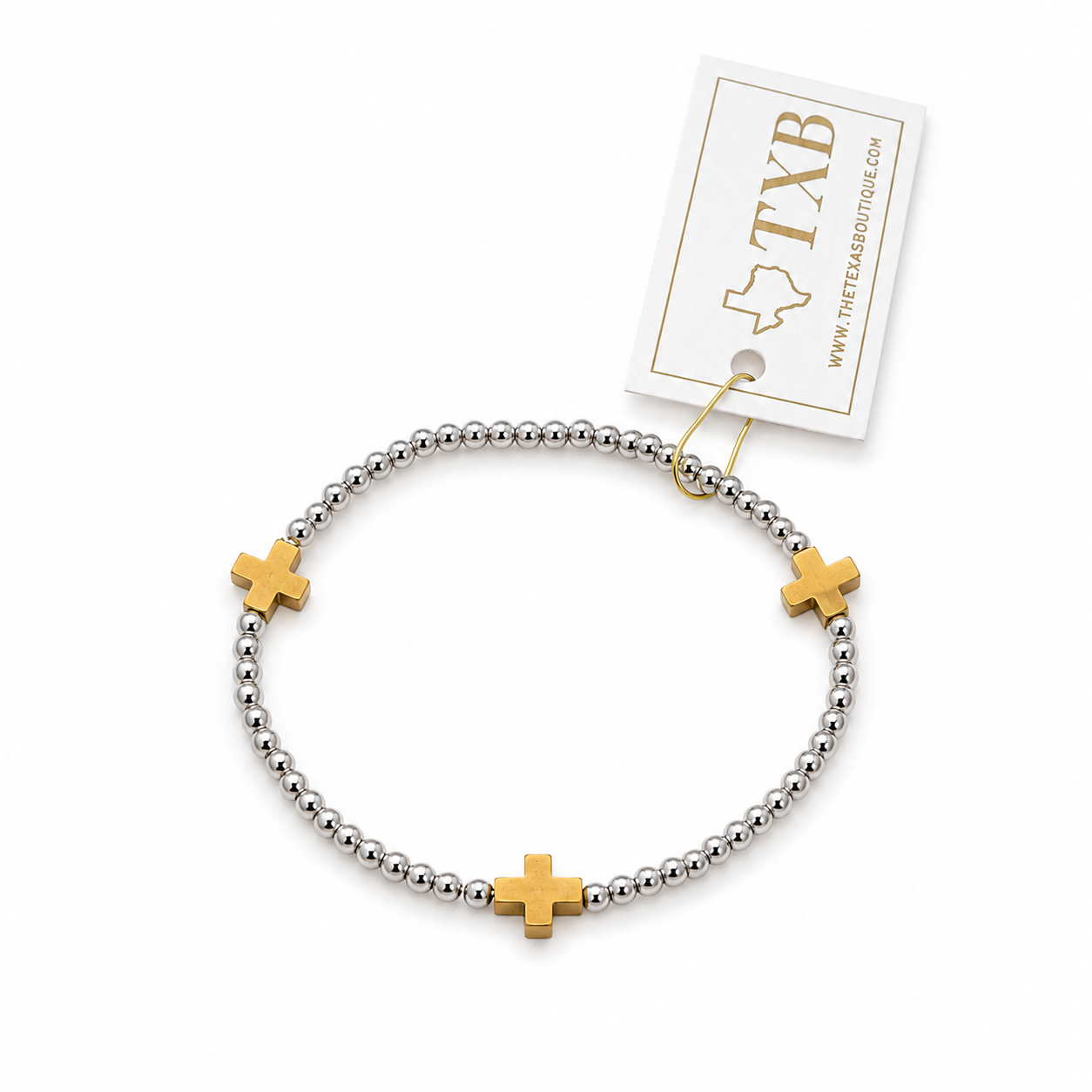 Gold Cross Silver Beaded Bracelet