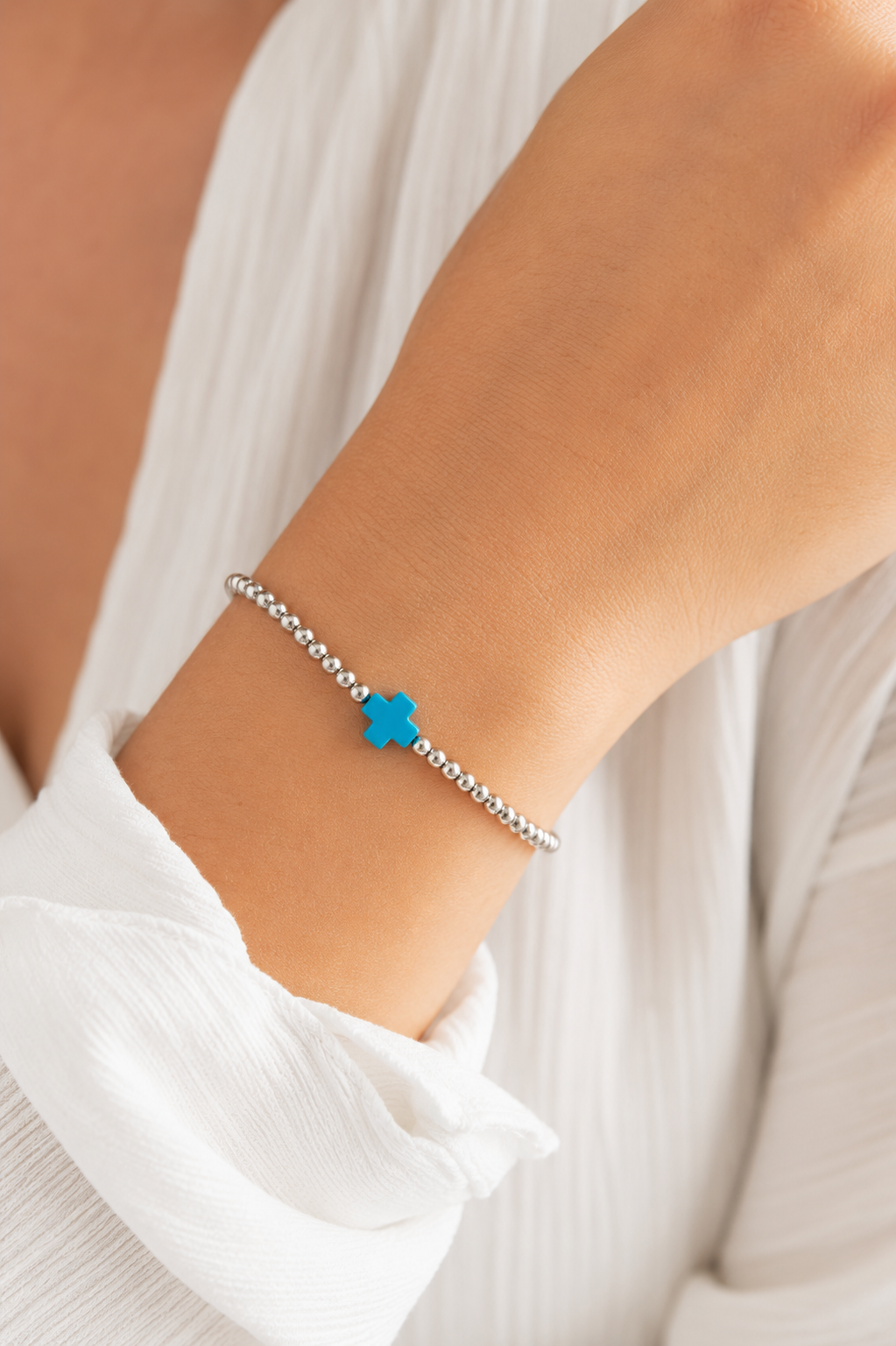2mm Turquoise Cross Silver Beaded Bracelet